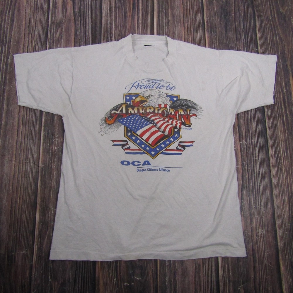 Vintage Proud To Be American Shirt Mens Large White OCA Flag Single Stitch Tee